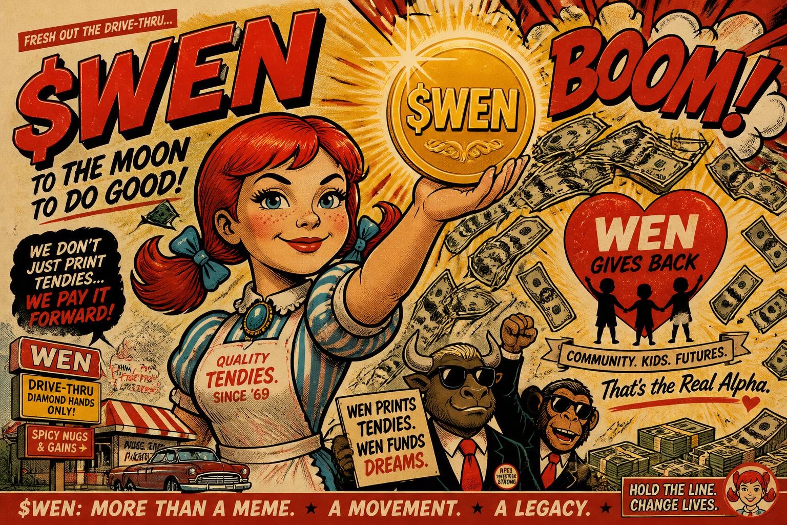 WEN to the moon — comic-book mascot holding a WEN coin while cash rains toward a charity heart.